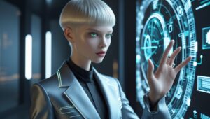 A model wearing a minimalist tech-enhanced blazer.